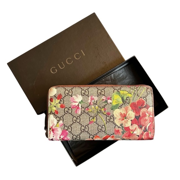 Authentic GUCCI GG Supreme Floral Blooms Pink & Tan Large Zippy Wallet with Box - Picture 3 of 12